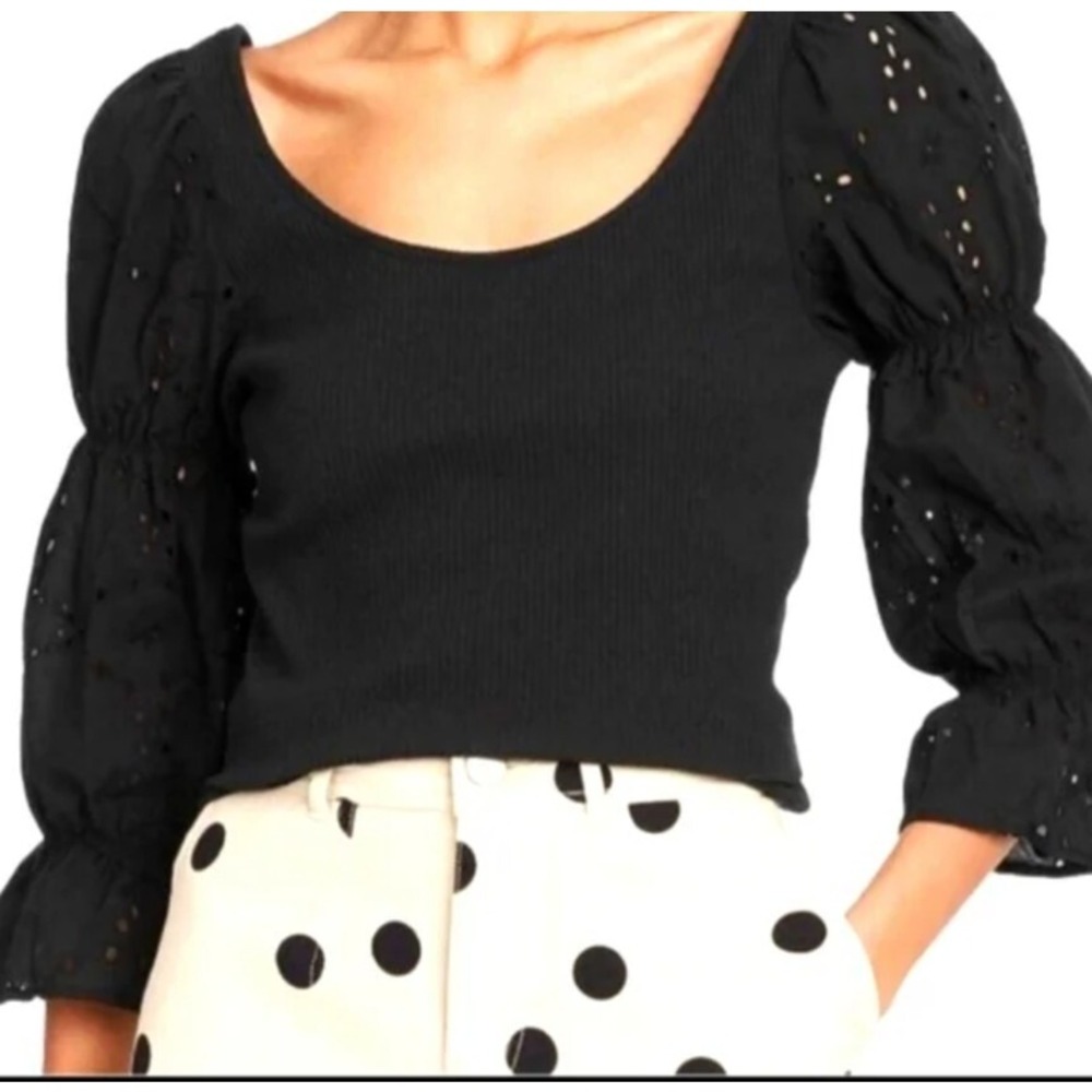 Who What Wear Black Eyelet Boat Neck Peasant Boho Balloon Sleeve Top Size S NWT